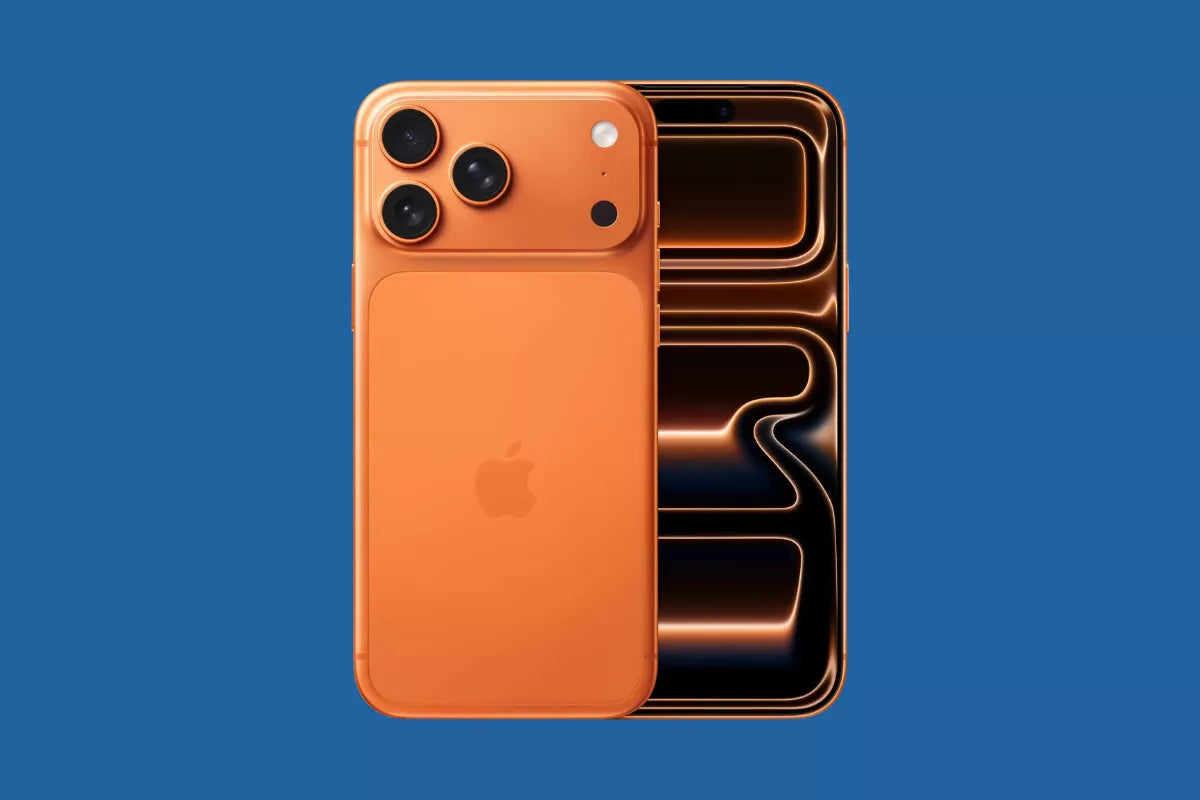Orange iPhone 17 Pro on blue background